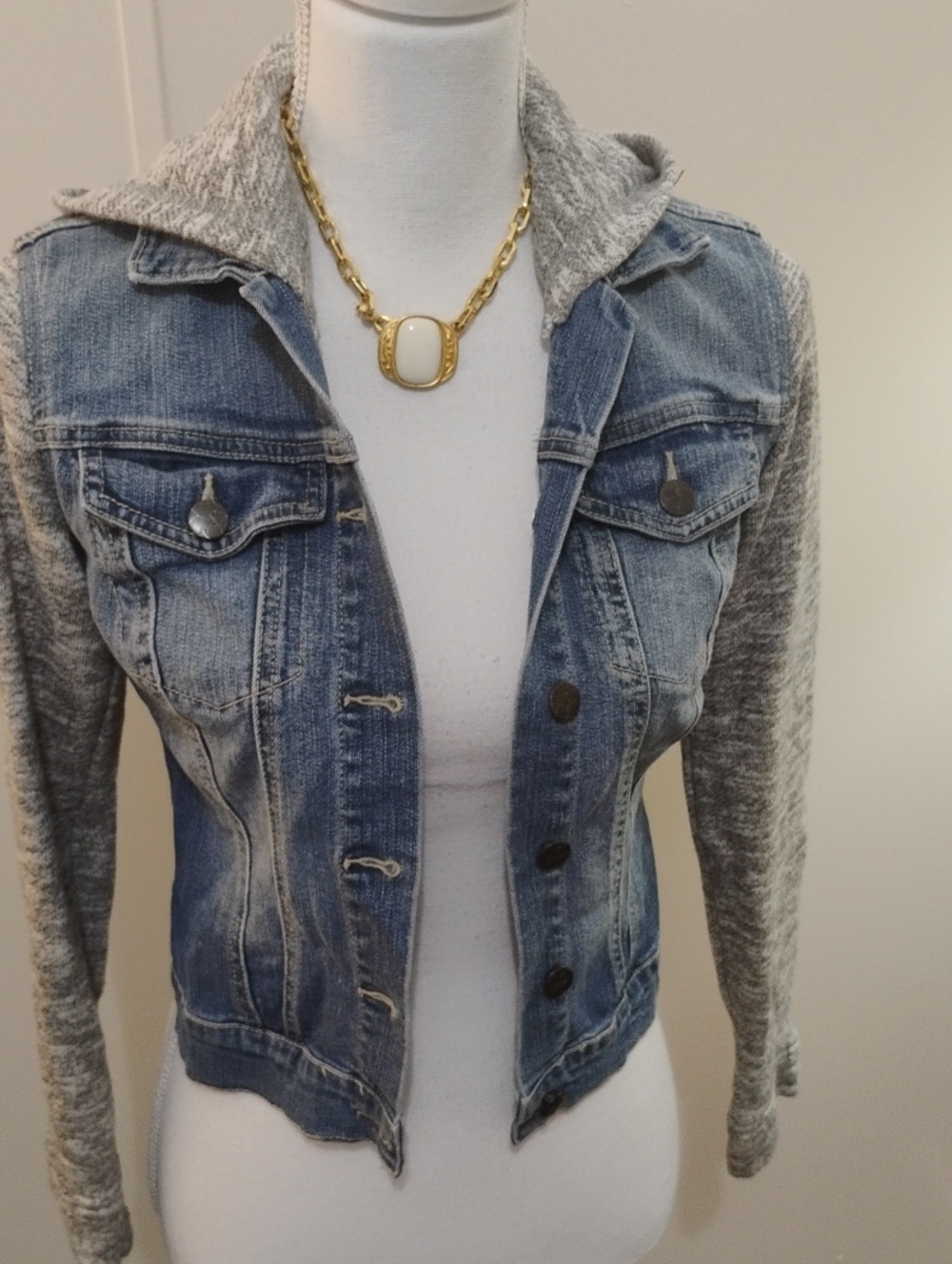 Jessica Simpson Blue Denim Jacket with Gray Knit Hoodie Sleeves